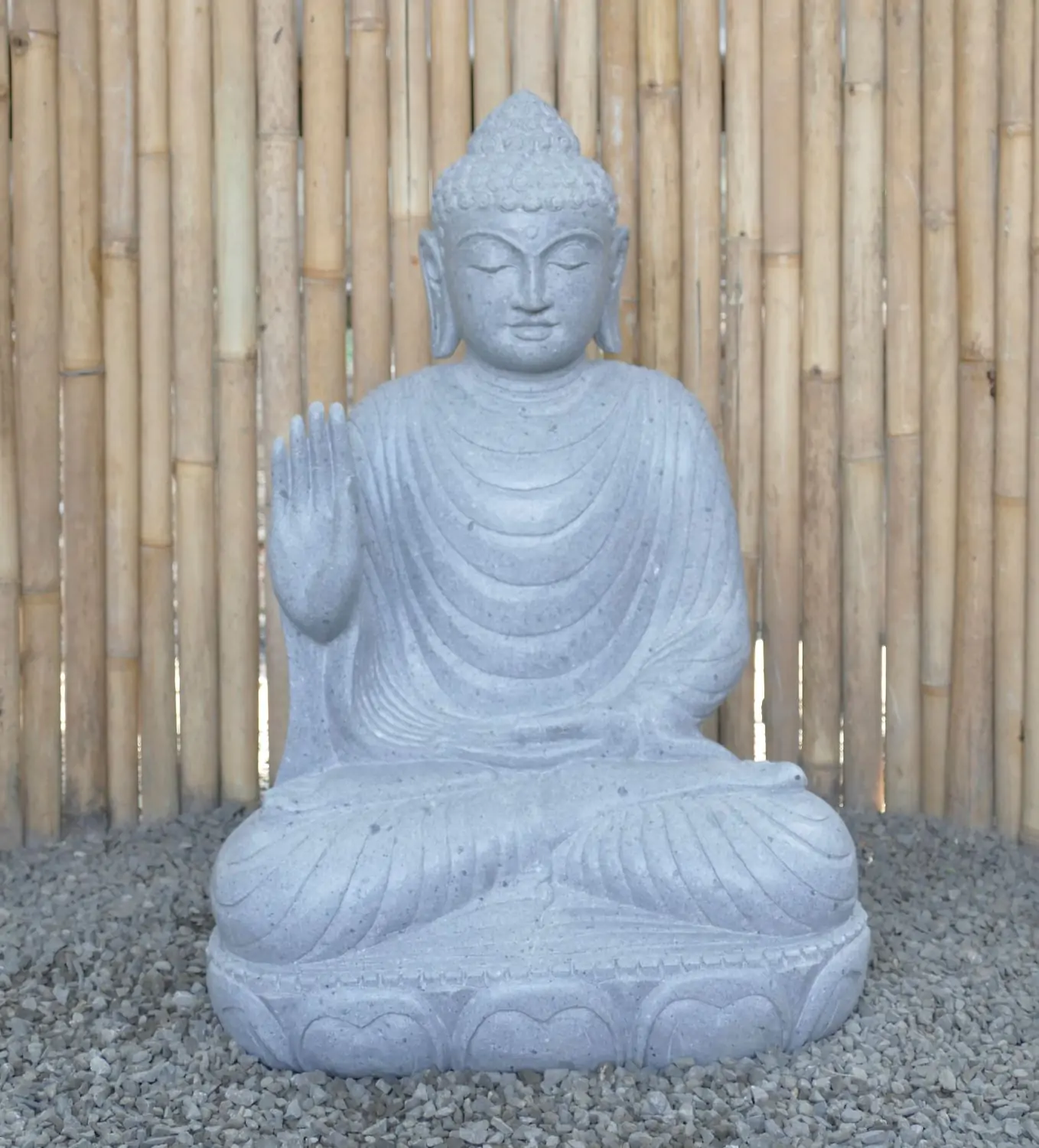 Product image 1 of the product “Seated Buddha made of Riverstone in Abhaya Position - gesture of fearlessness, H. 83cm. ”